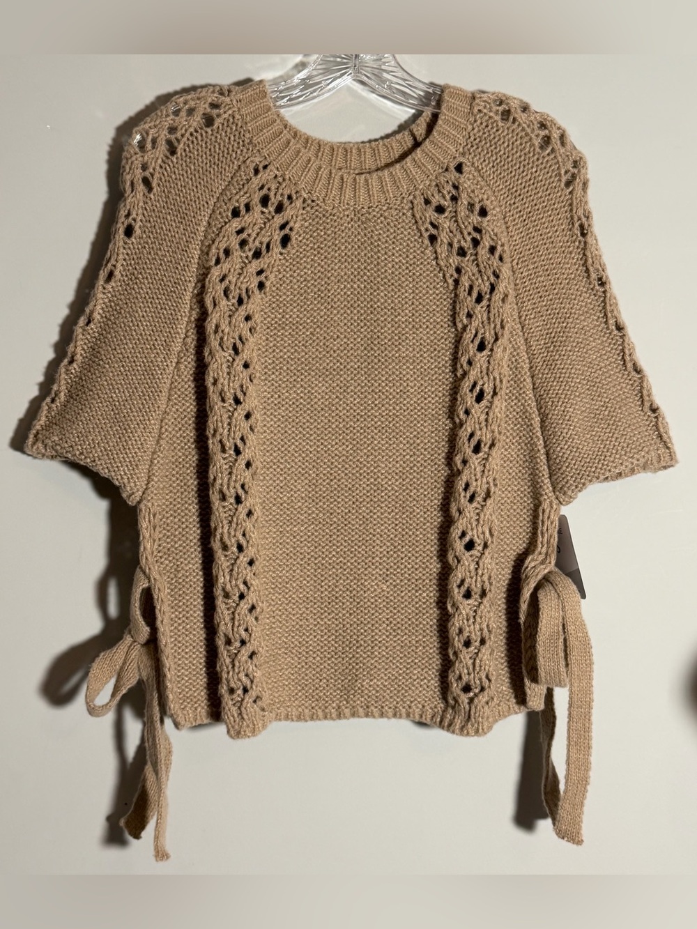 Knit Side-Tie Short Sleeve Sweater - Taupe Size Small NWT